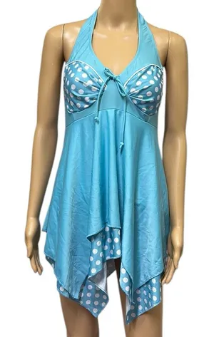 Hula Honey Blue Polka Dot Halter Tie Layered Tankini Top Womens Plus Size 3X thumbnail 1