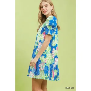 Umgee Floral Puff Sleeve Tiered Mini Dress - Blue Mix - Small thumbnail 2