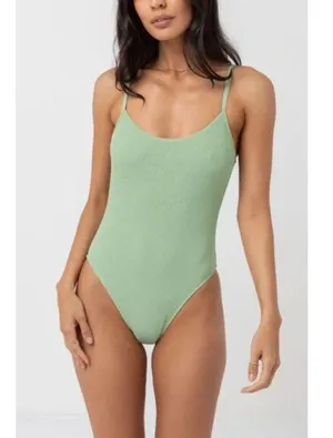 NEW Size XS Free People Rhythm Smocked Hi Cut One-Piece Swimsuit in Cactus Green thumbnail 2