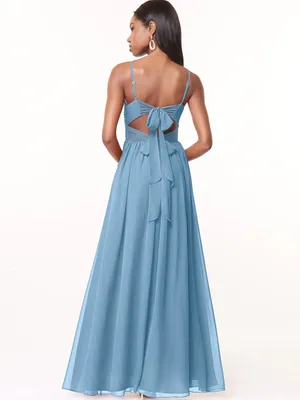 Azazie Zeya Steel Blue A-Line V-Neck Pleated Chiffon Dress Size 6 thumbnail 3
