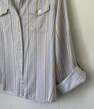 Selene Sport Vintage Linen Rayon Striped Roll Tab Sleeve Button Up Shirt ~ Sz L thumbnail 2