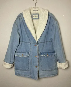 Ashley Vintage Charm HEAVY Sherpa-Lined Light Blue Denim Jacket Size L thumbnail 1