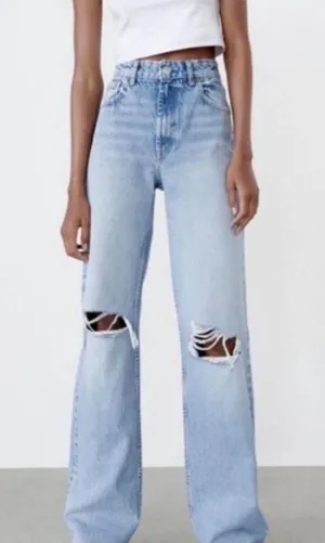 Zara Light Blue Distressed Straight leg jeans thumbnail 1