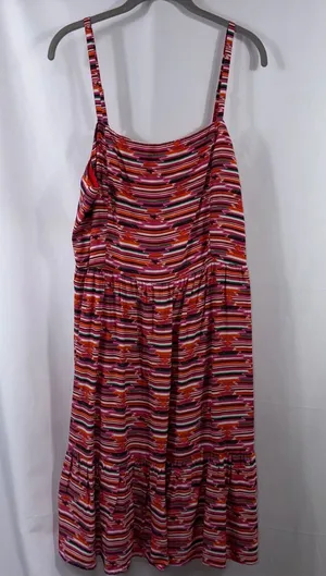 LOFT Striped Tiered Midi Dress Size 12 Pink Red thumbnail 1