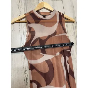 SheIn Brown Abstract Print Mesh Maxi Dress Sleeveless Bodycon Stretch Midi Long Dress thumbnail 5