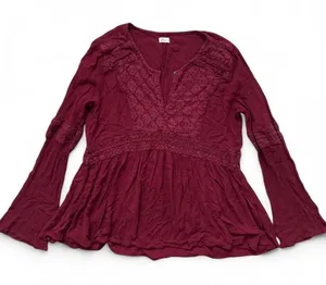 Burgundy Hollister Co. long sleeve babydoll blouse with intricate crochet lace detailing thumbnail 1