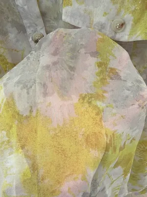 Mystree Yellow Gray Watercolor Pleated Sheer Button-Down Bubble Sleeve Top NWT L thumbnail 8