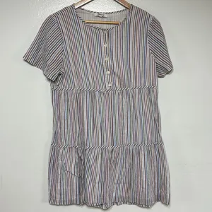 Madewell Striped Crewneck Button-Front Tiered Mini Dress Size M Spring Easter thumbnail 2