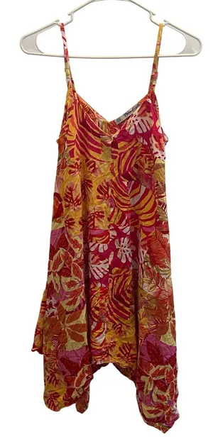 Paradise USA Tropical Leaf Sharkbite Hem Sundress Pink Orange Yellow Small‎ thumbnail 1