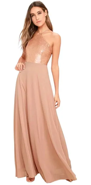 Lulus The Best Part Matte Gold Sequin Maxi Dress size Medium NWT thumbnail 1