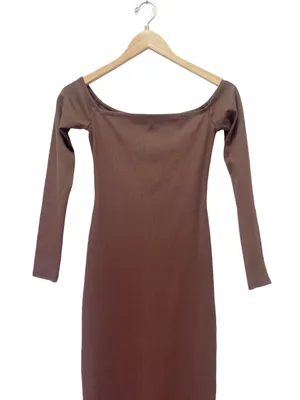 NWT Bumpsuit Sculpting Rib Off Shoulder Maternity Dress XS Brown Bodycon Midi thumbnail 9