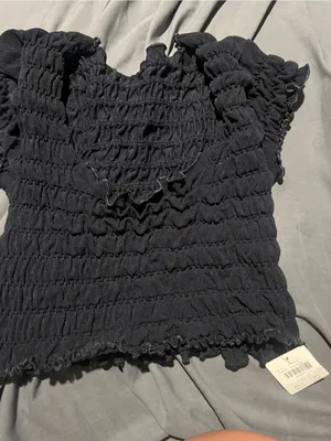 NWT Anthropologie Smocked Black Women's Short Sleeve Top thumbnail 2