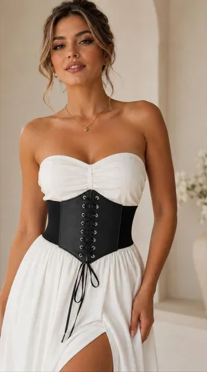 Vintage Style Lace Up‎ Faux Leather Elastic Girdle Black Casual Wide Waist Belt thumbnail 1