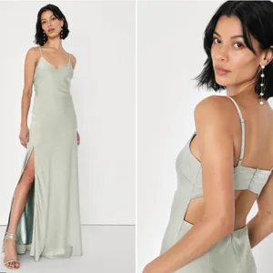 LULU's Bridesmaid Prom Wedding Sexy Open Back Satin Sage Green Maxi Dress thumbnail 2