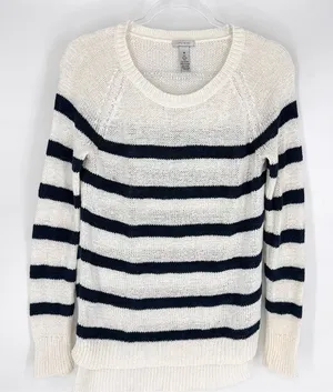 Only Mine Crew Neck Loose Knit Nautical Sweater White with Navy‎ Stripes Medium thumbnail 1