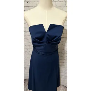 Donna Ricco Dark Navy Blue Strapless Satin Dress Gown V-notch Belted Size 8 thumbnail 4
