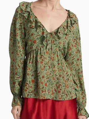 Reformation Wyn Floral Ruffled Top in green 4 thumbnail 1