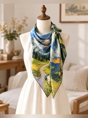 Silk Wool Scarf 23.6” Square Mountain Landscape Print Blue Green Art Scarf thumbnail 3