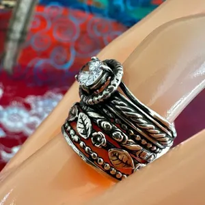 Sterling Silver Israel Wide Band Leaf Ring w/ CZ thumbnail 2