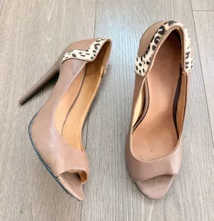 L.A.M.B Gwen Stefani Taupe Leather Leopard Print Open Toe Heels‎ 7.5M thumbnail 1