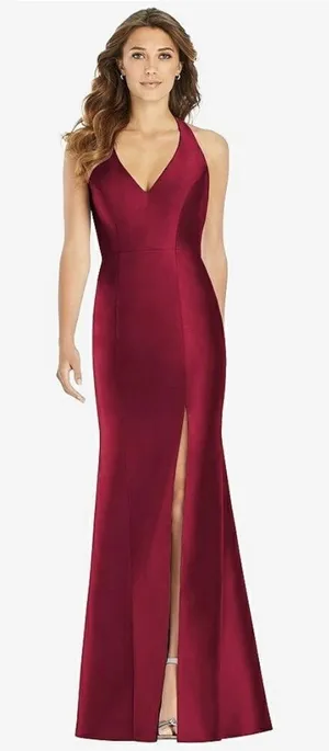 Alfred Sung V-Neck Halter Satin Trumpet Gown in‎ Burgundy Size 2 thumbnail 1