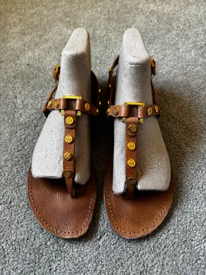 Tan Tory Burch Sandals with Gold Logos thumbnail 2
