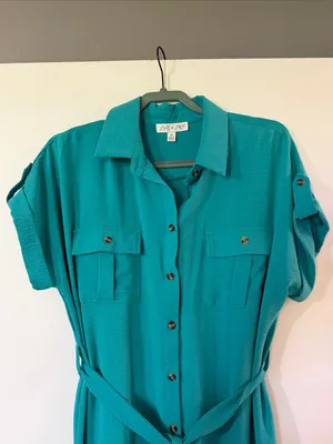 She + Sky Teal Button-Front Midi Shirt Dress with Tie Waist thumbnail 2