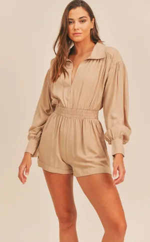 Mable Beige Long Sleeve Collared Smocked Waist Romper Shortalls‎ Size S thumbnail 1