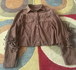 SheIn Light Brown Cropped Corduroy Shacket Shirt Jacket Western Fringe Small thumbnail 1