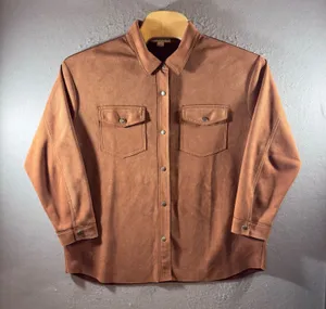 1420 | Hyfve Western Faux Suede Snap‎ Front Shacket Shirt Cognac Brown Womens L thumbnail 1