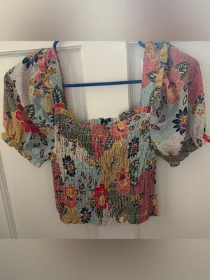 Monteau Smocked Floral Top S Blue thumbnail 4