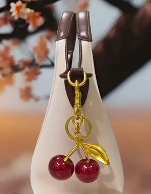 New Heavy Cherry Red Bag Charm Key Chain Glitter Resin & Goldtone C-clasp thumbnail 3