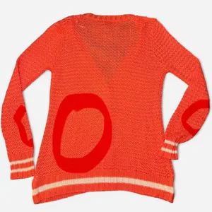 Forever 21 Bright Coral Knit Cardigan with Cream Varsity Stripes, Medium thumbnail 4