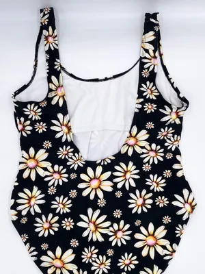 No Boundaries High Leg One Piece Swimsuit Size XL Black Daisy Floral Print 90s thumbnail 9