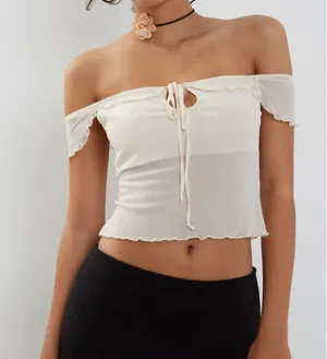 Motel Rocks NWT Nabil Bardot Top In Mesh Cream - small thumbnail 1