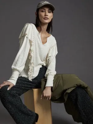 Anthropologie Pilcro Cozy Ruffle Popover Top Long Sleeve V-Neck Ivory Cream XL‎ thumbnail 1