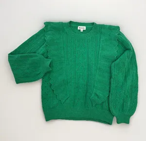 &Merci Sweater Womens Size Large Green Ruffles Pointelle Long Sleeve thumbnail 1
