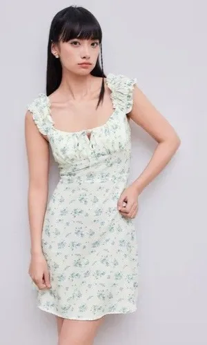 Cider Blue Ditsy Floral Square Neck Ruffle‎ Mini Babydoll Dress Cottage Large NWT thumbnail 1