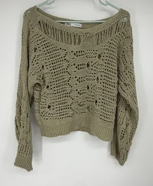 Zara Women Crochet Open Knit Sweater Sage Green‎ Long Sleeve Size S Boho Top thumbnail 1