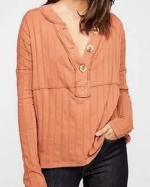 Free People We The Free In the Mix Henley Ribbed Long Sleeve Shirt‎ Orange XS thumbnail 1