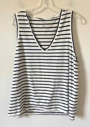J. Crew Coastal Chick Preppy Cotton Basic V-Neck Striped Tank Top Navy White XL thumbnail 1