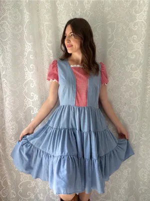 Vintage Handmade Blue Red Gingham Prairie Dress Cottagecore Puff Sleeve thumbnail 1