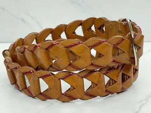 Brown Woven Leather Belt Red Laced Accents Silver Buckle Small/Medium (S/M) ✨ thumbnail 2