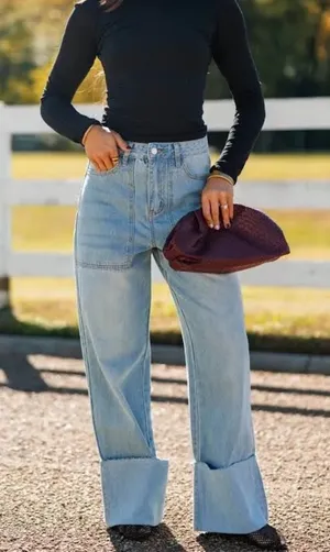 Le Lis Light Blue High-Rise Wide-Leg Jeans With Cuffed Hem thumbnail 1