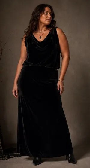 Rena Rowan Vintage Whimsigoth Velvet Midi/Maxi Skirt Size 14 Black Modest Minimalist Glam thumbnail 1