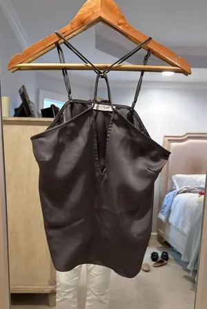 12th Tribe Charcoal Satin Deep V-Neck Cross Back Camisole Top Size S thumbnail 1