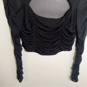 Women's Ruched Cut Out Top Blouse Long Sleeve Black Cropped Sheer Mesh thumbnail 3
