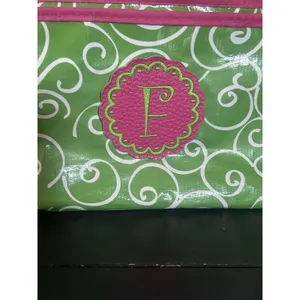 Monogram F Green Pink Swirl Cosmetic Makeup Bag Travel Organizer 10” 4” thumbnail 2