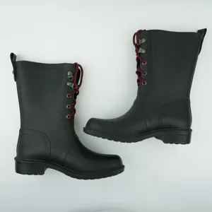 Merona Rain Boots Womens 6 Black Rubber Waterproof Lace Up Red‎ Laces Utility thumbnail 4