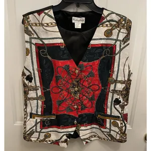 Vintage Equestrian Print Vest Academia Preppy Derby Heritage‎ Gold Button Womens thumbnail 2